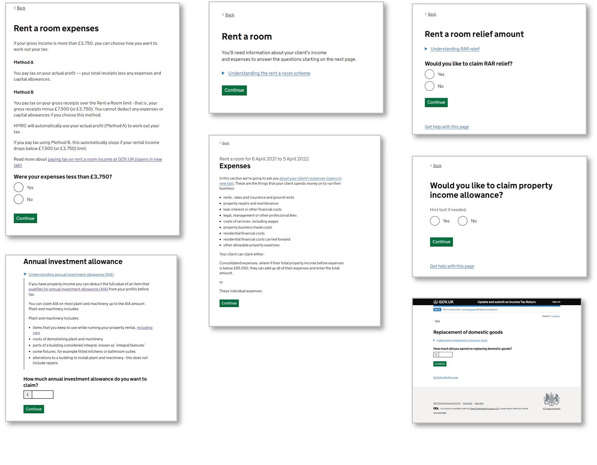 Screens from the digital journey showing pages created for users