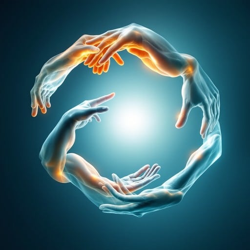Ethereal hands form a luminous circle of collaboration, blending golden warmth with cool teal in a flowing dance.