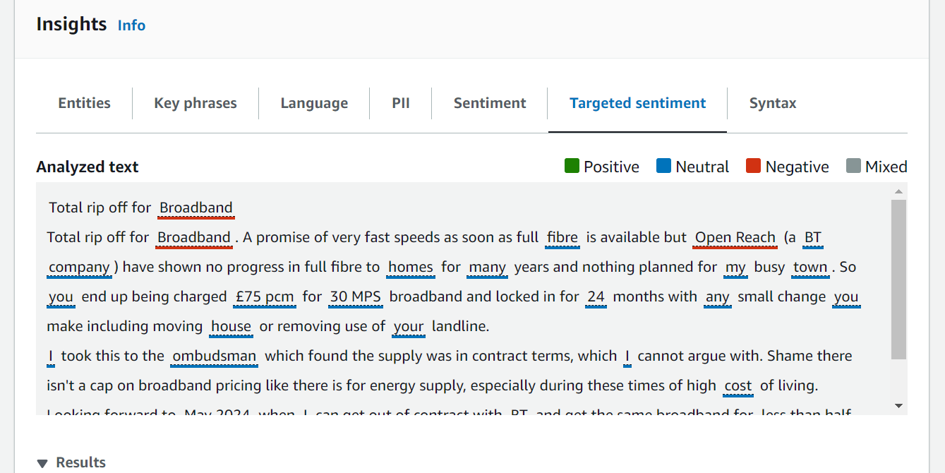 Image of an Amazon Comprehend sentiment analysis